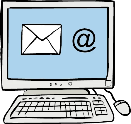 Ein Computer-Monitor zeigt einen Briefumschlag und ein @-Zeichen.