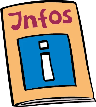 Auf einem Heft steht „Infos“ mit einem i-Symbol darunter.