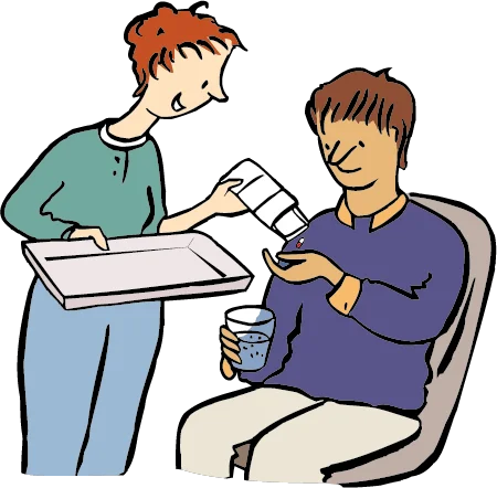 Eine stehende Person hält ein Tablett in einer Hand und gibt mit der anderen Hand Medikamente an eine sitzende Person mit einem Wasserglas.