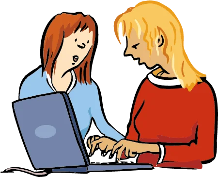 Eine Person tippt auf einem Laptop. Neben ihr sitzt eine andere Person und spricht mit ihr.