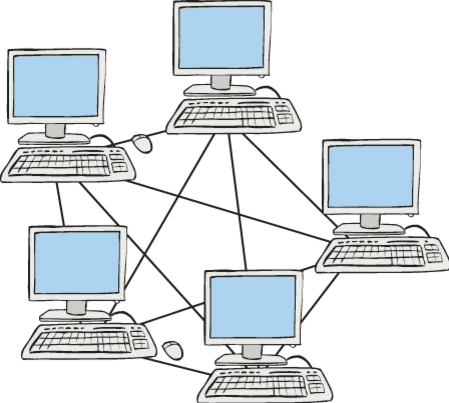 Intranet Linien zwischen fünf Computern bilden ein Netz.