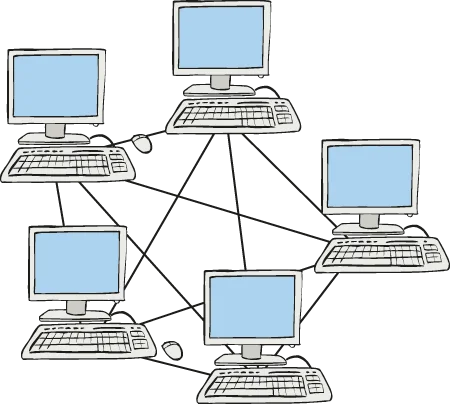 Linien zwischen fünf Computern bilden ein Netz.